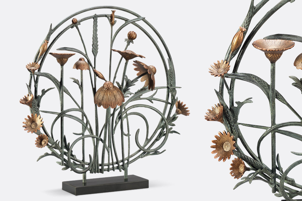 copper colored blooms with wildflower leaves and blooms greenery sculpture 