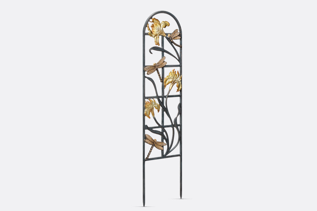 Dragonfly and Iris Metal 8" wide planter trellis, side view 