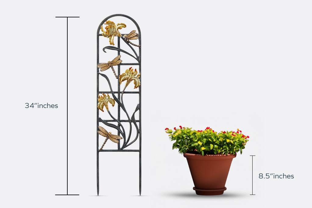 Dragonfly and Iris Metal planter trellis shown next to average 8.5"H planter to show scale