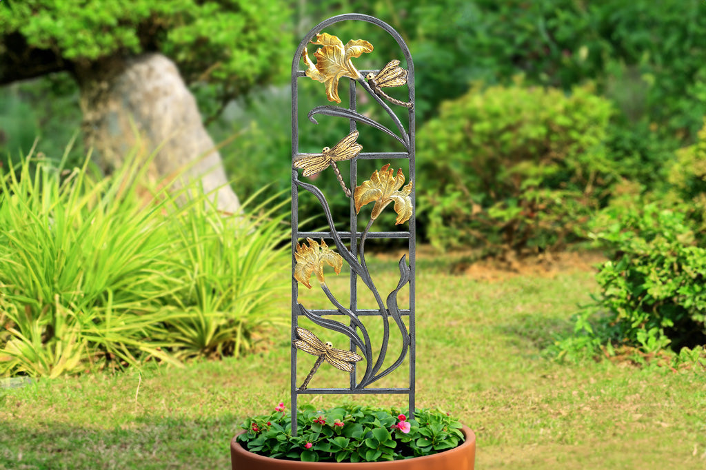 Dragonfly and Iris Metal planter trellis set in garden scene 