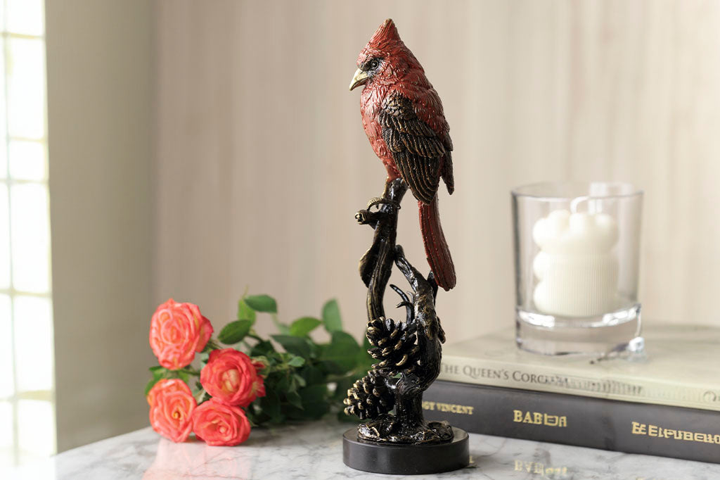 Brass sculpture of cardinal on branch, shown on coffee table by flowers and candles