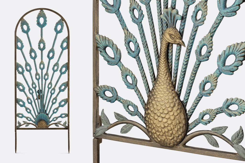 Peacock themed trellis with feathers providing radiating support. Finished in blues and golds. Close-up detail and back view shown, fully finished on both sides.