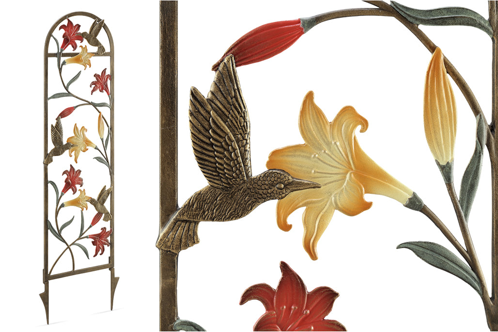 trellis with coral and yellow lilies and a hummingbird motif