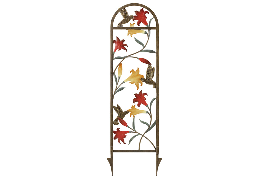 trellis with coral and yellow lilies and a hummingbird motif