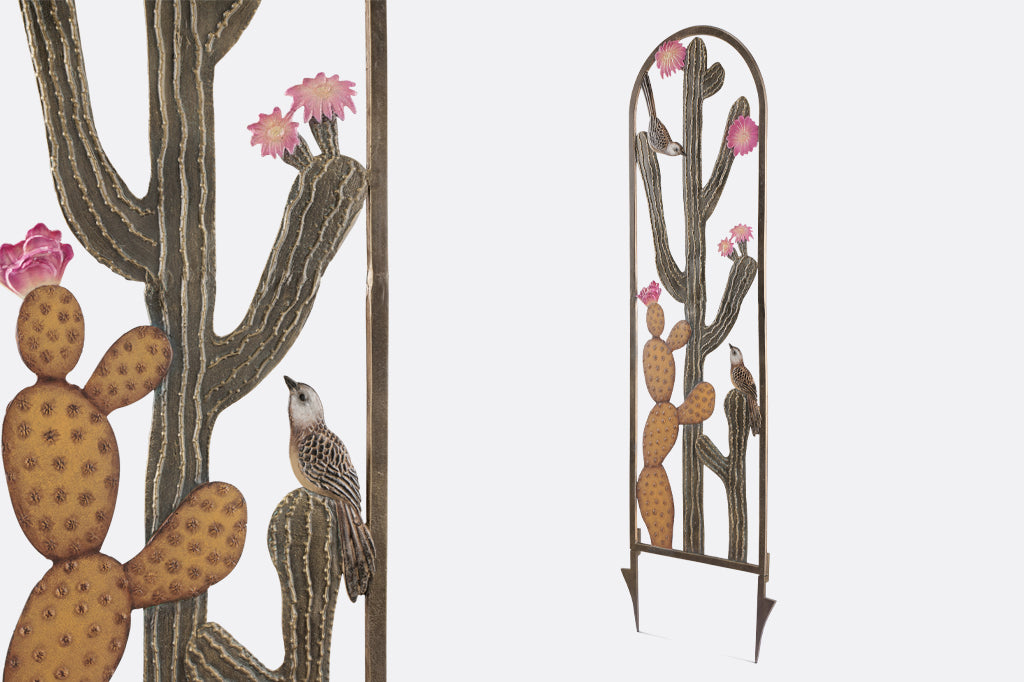 Cast metal trellis with cactus and blooms detailing 