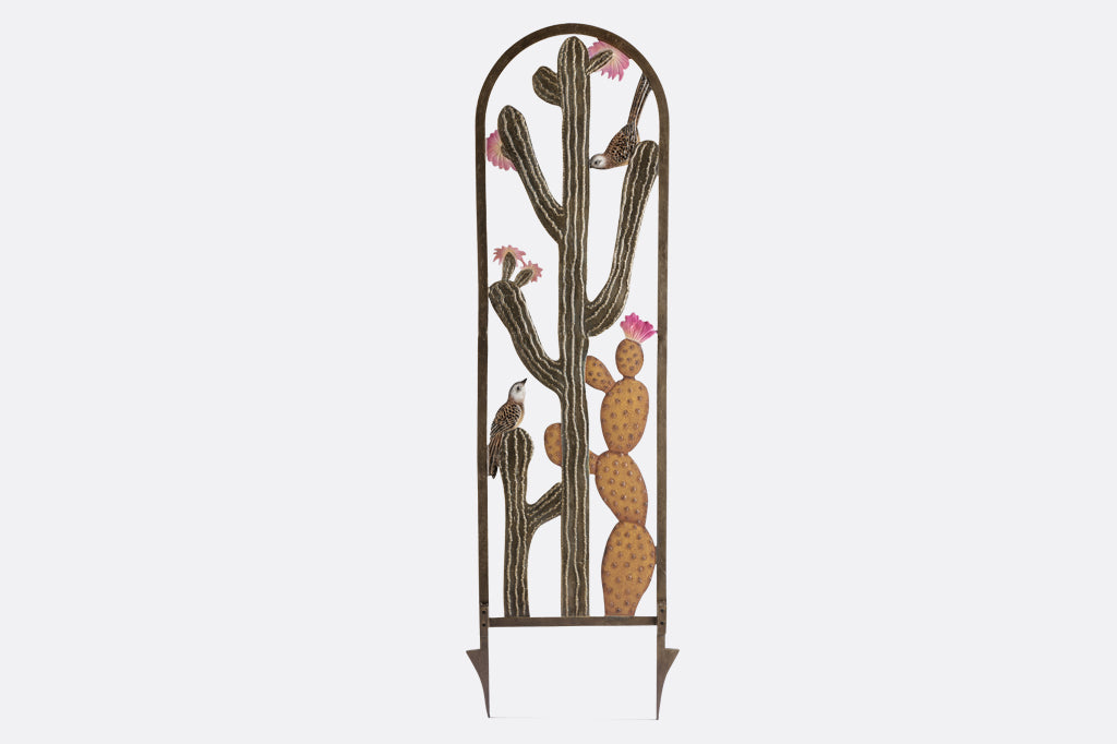 Cast metal trellis with cactus and blooms detailing 