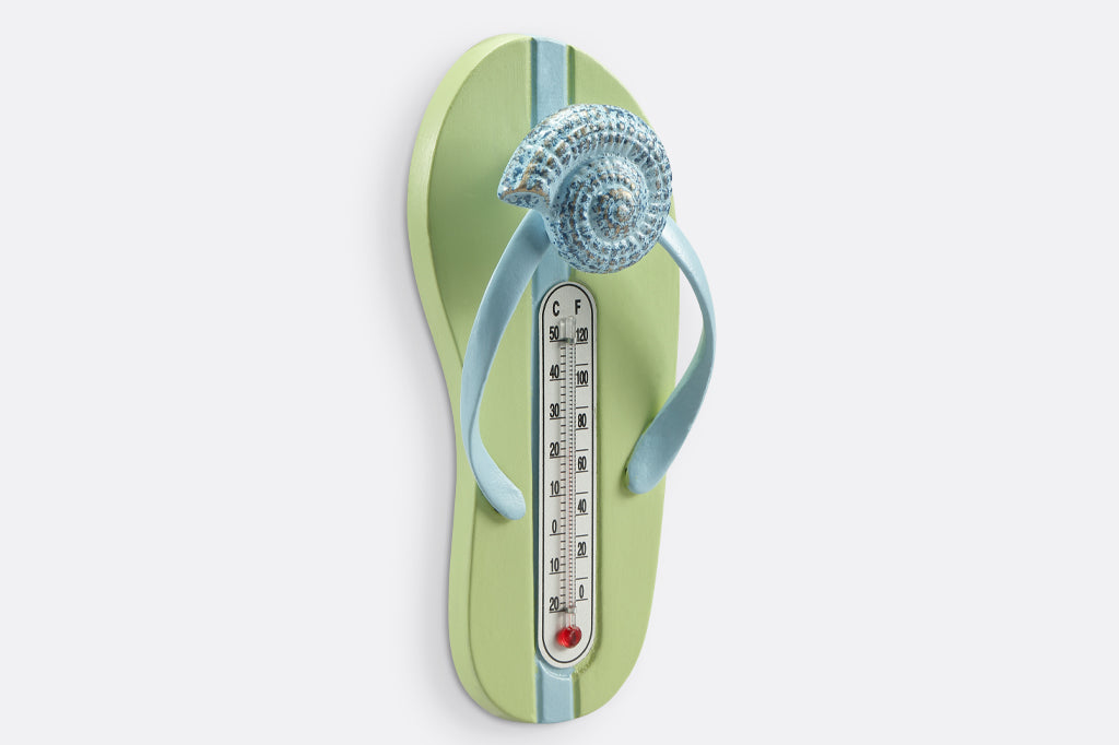 side view of green and blue flip flop shaped wall hook and themometer