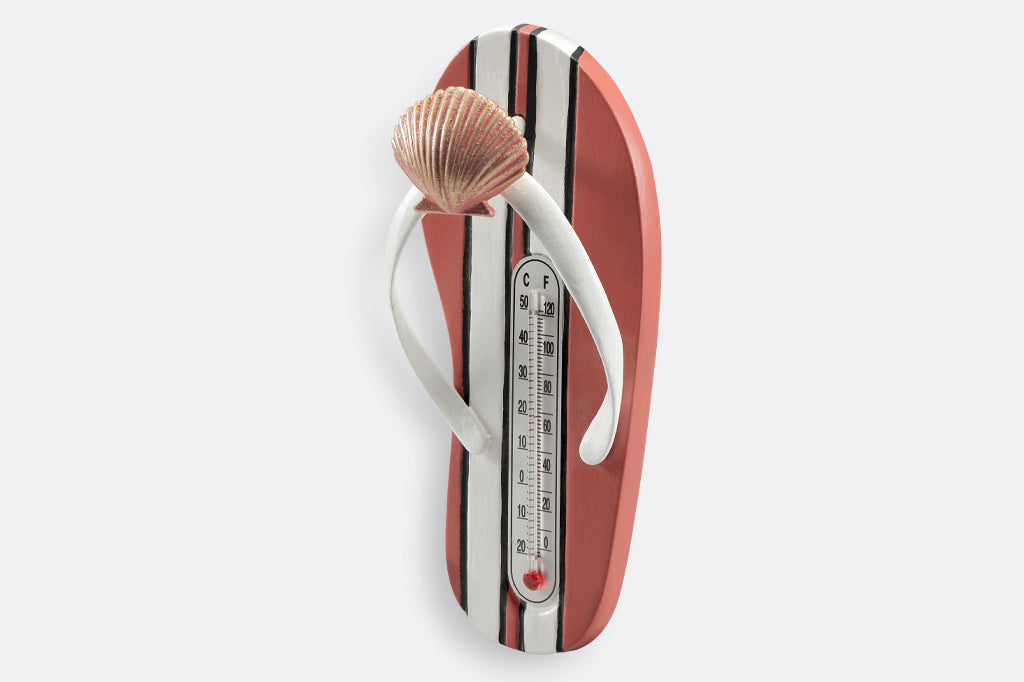 side view of orange flipflop wall hook with shell detail 