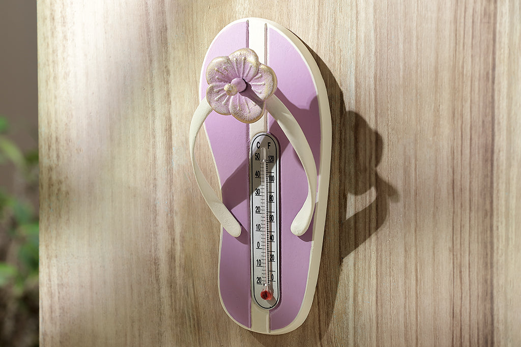 pink plum blossom wall thermometer in shape of flip flop with blossom detailing 