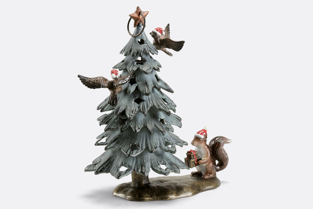 Cast metal christmas tree lantern with birds and squirrel in santa hats