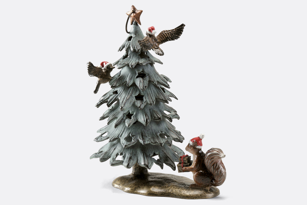 Cast metal christmas tree lantern with birds and squirrel in santa hats