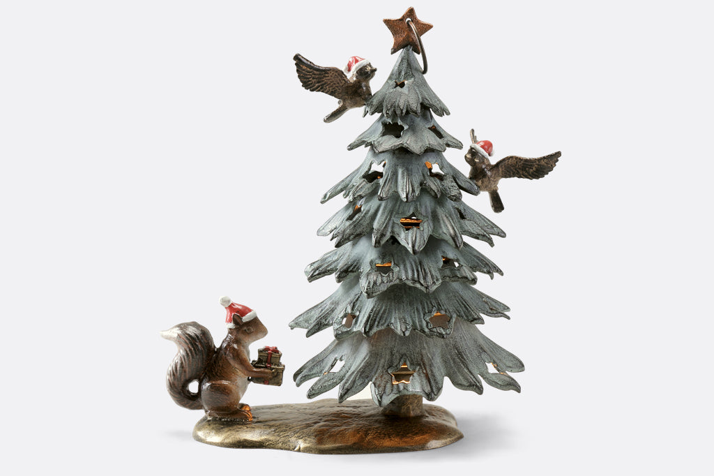 Cast metal christmas tree lantern with birds and squirrel in santa hats