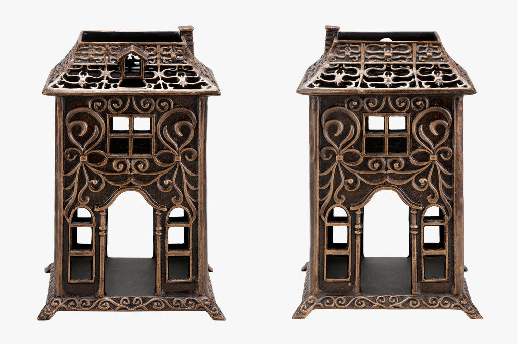 Front and back view of the Jolie Maison Candleholder sculpted house