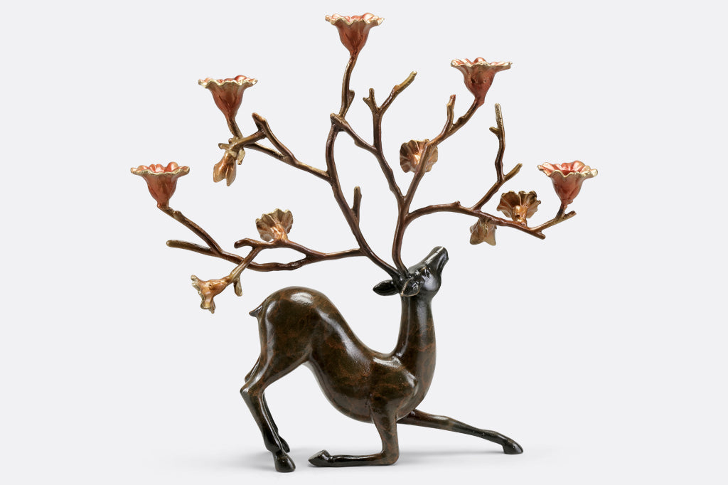 Cast Metal whimsical deer and flora candleholder 