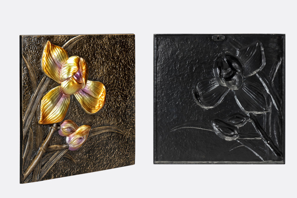 Wall plaque features metallic yellow orchid and bud, side view and back view