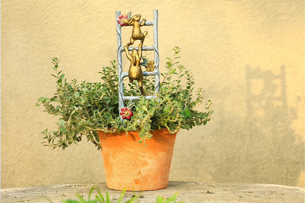 mini planter trellis shown with potted herb in outdoor setting in the sun. Features 2 golden rabbits climbing a ladder with flower vines.