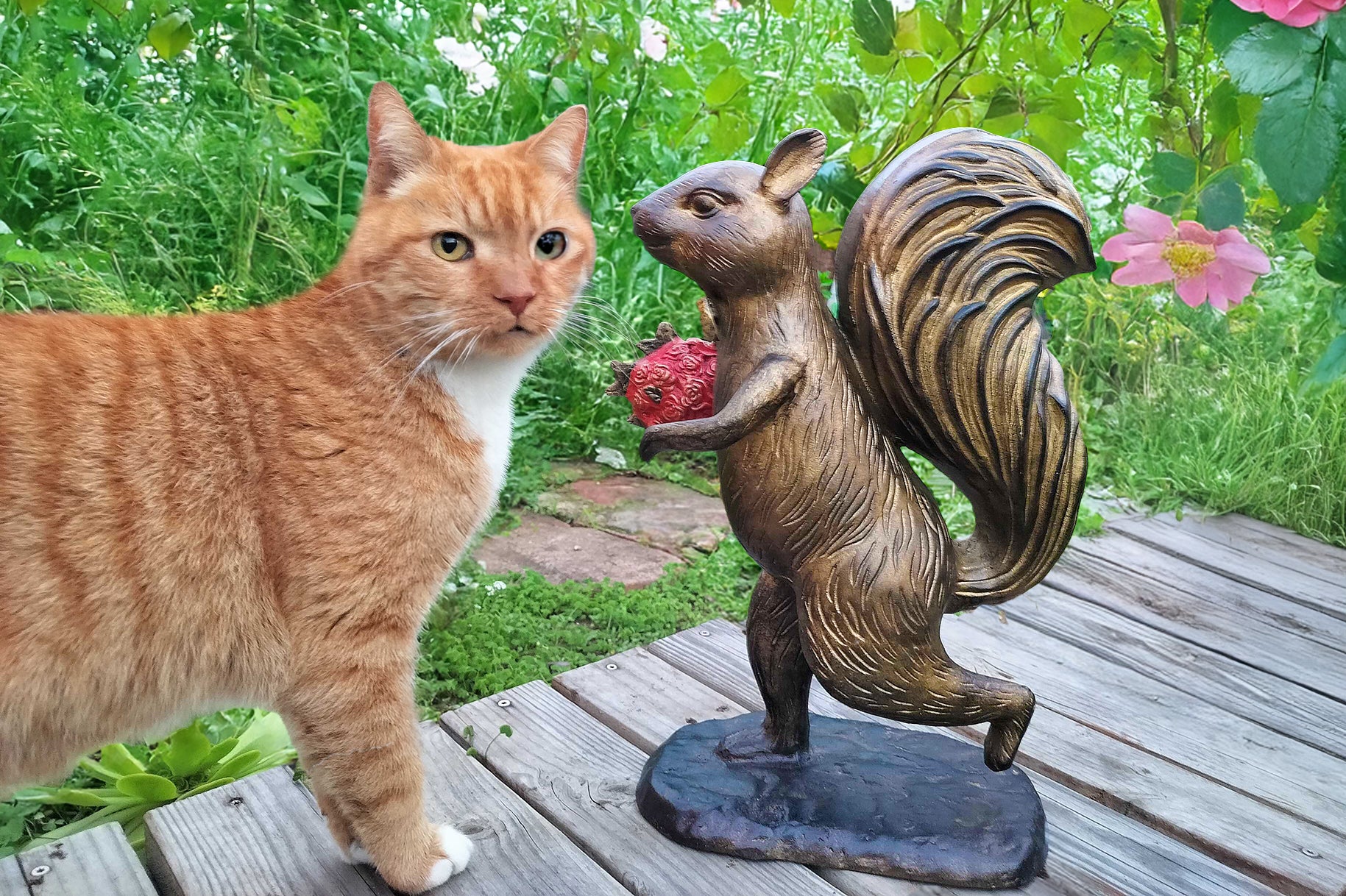 Orange cat stands by a metal garden sculpture of squirrel running with bouquet in a garden setting