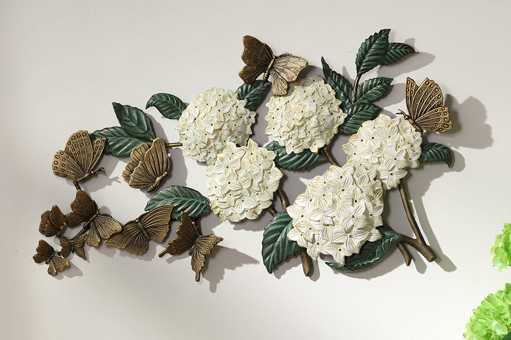 white hydrangea with bronze butterflies fluttering cast metal wall sculpture  