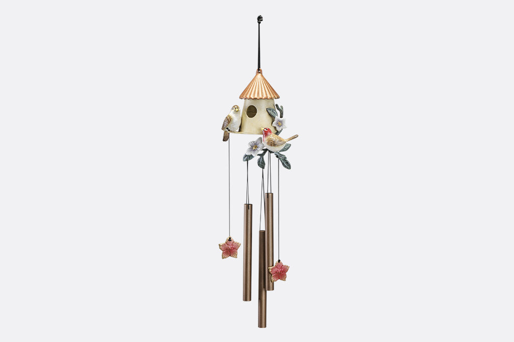 Birdhouse motif cast metal windchime with floral and songbird accents 