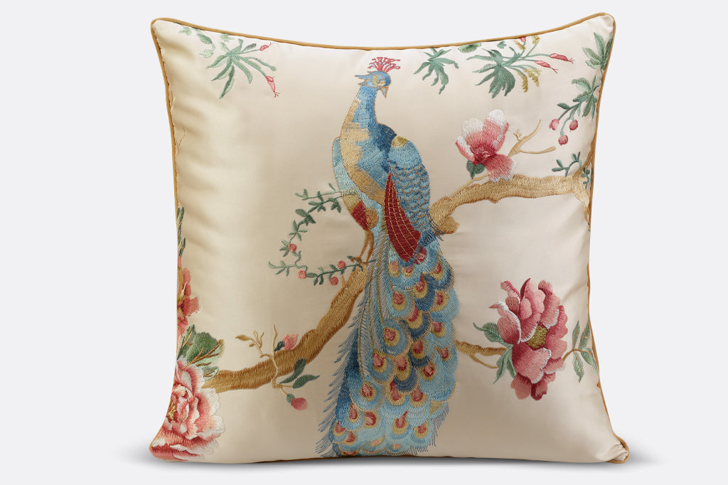 embroidered peacock on branch with peony flowers on champagne satin pillow 