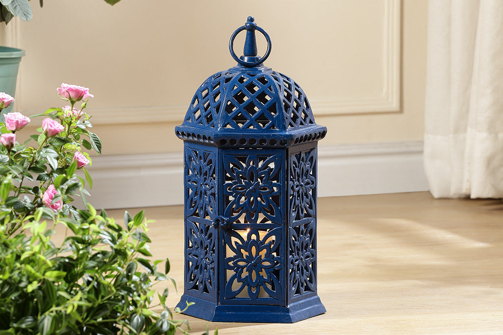 Blue decorative lantern with intricate patterns.