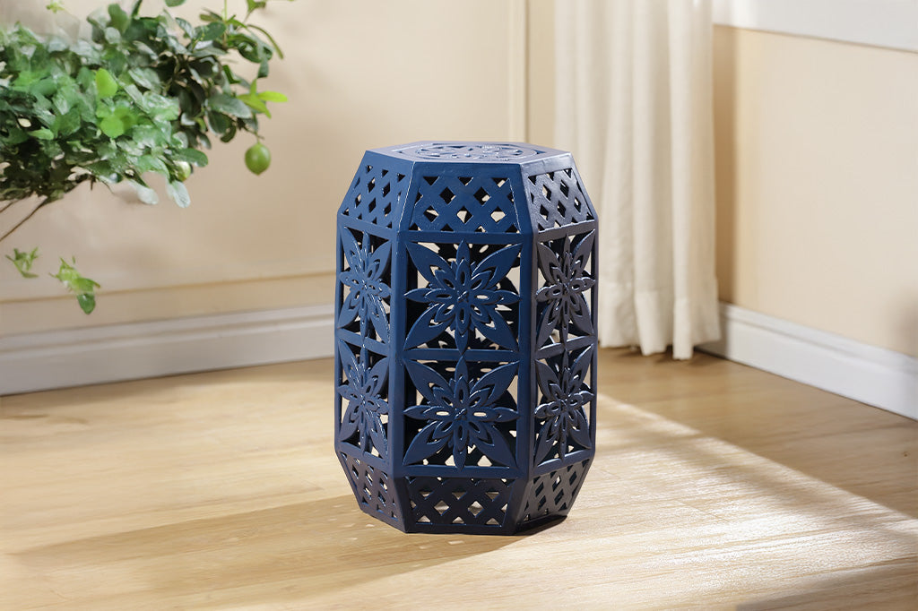 Blue hexagonal garden stool with intricate lattice design.