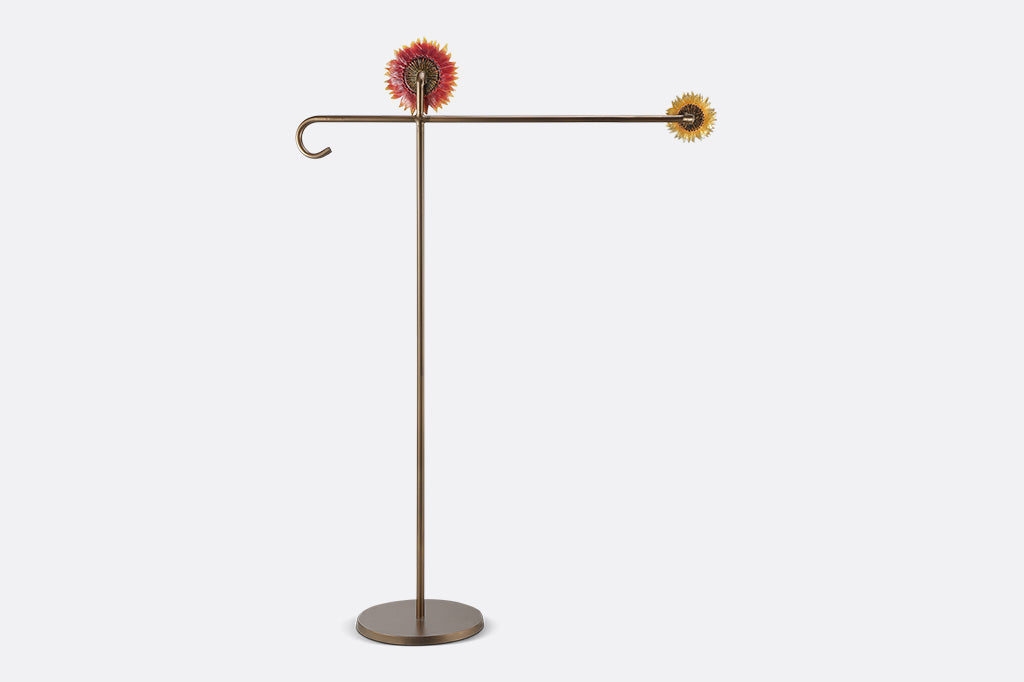 A flag stand of two sunflowers