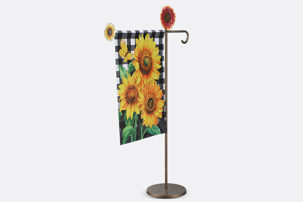A flag stand of two sunflowers and a sunflower flag