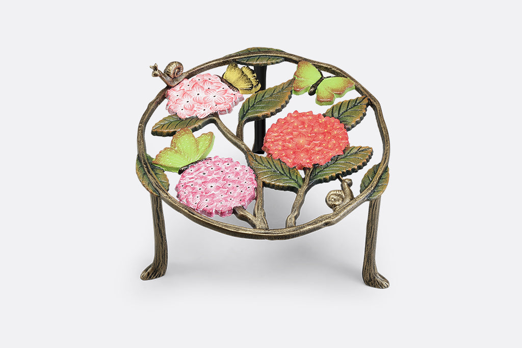 A set of 2 plant stands featuring details of pink hydrangeas, leaves, snails, and butterflies.