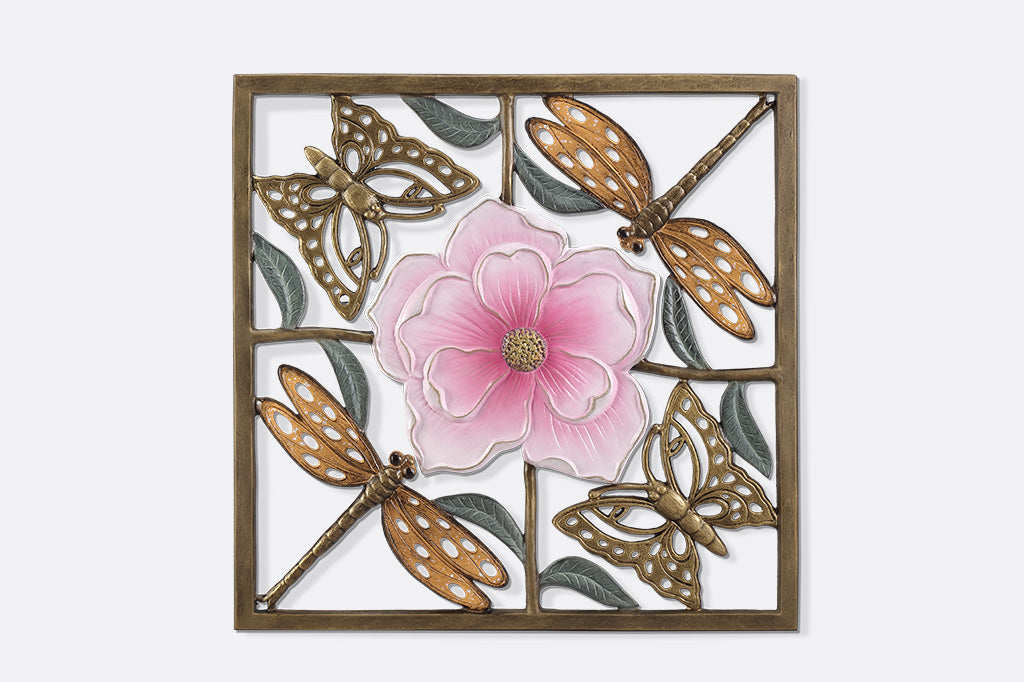 Decorative wall art with butterflies and a pink flower on a white background