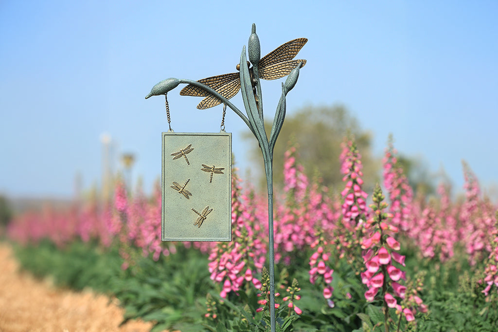 Decorative metal sculpture of a dragonfly with a sign in a garden setting