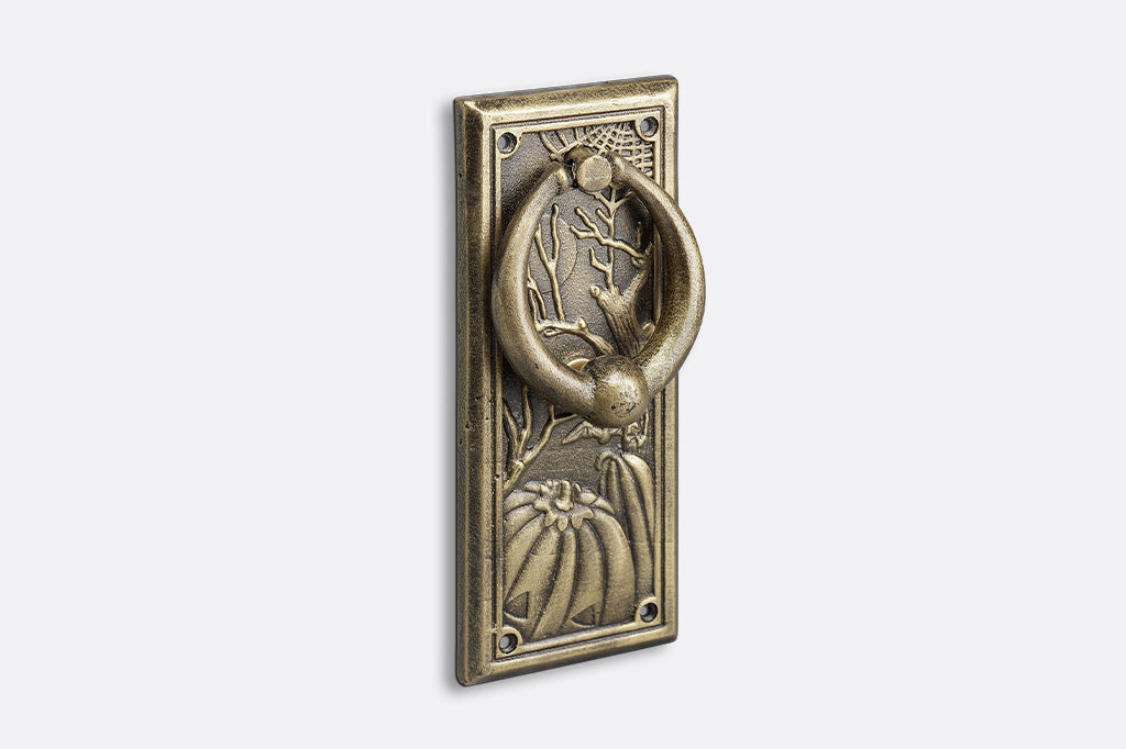 Decorative brass door knocker on a white background