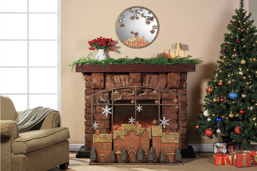 A round mirror with details of Santa and his sleigh being pulled by reindeer across a sky of stars and over rooftops.