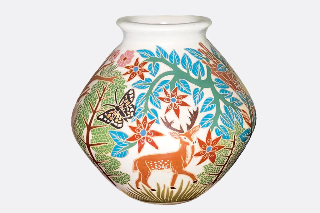 Hand etched wood fired clay pottery, Fair Trade from Nicaragua featuring forest animals