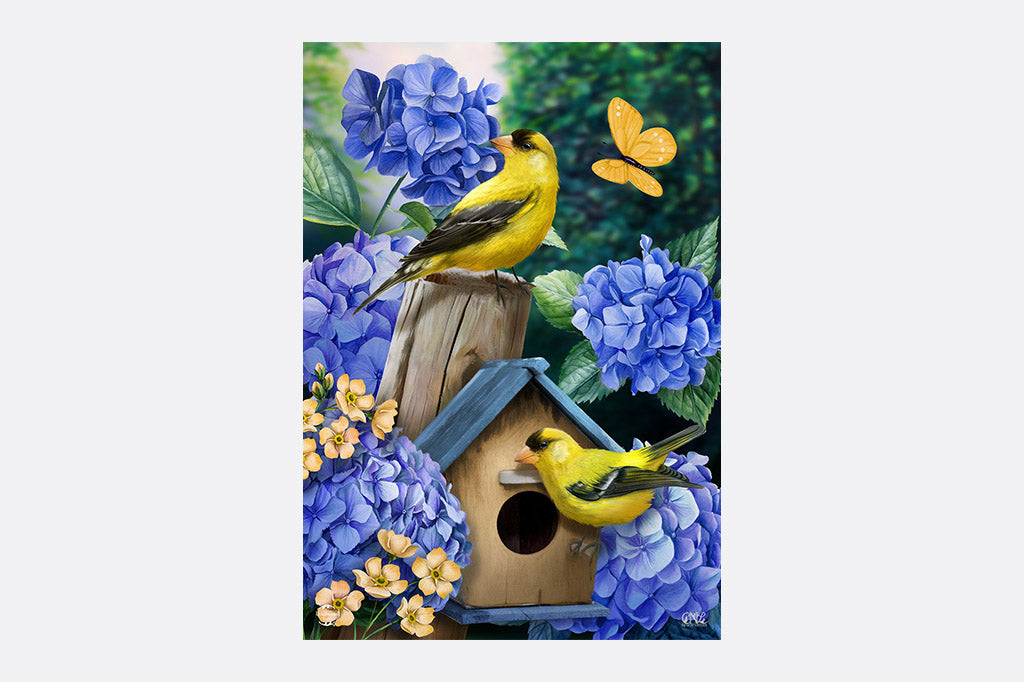 garden flag design of goldfinches and hydrangeas