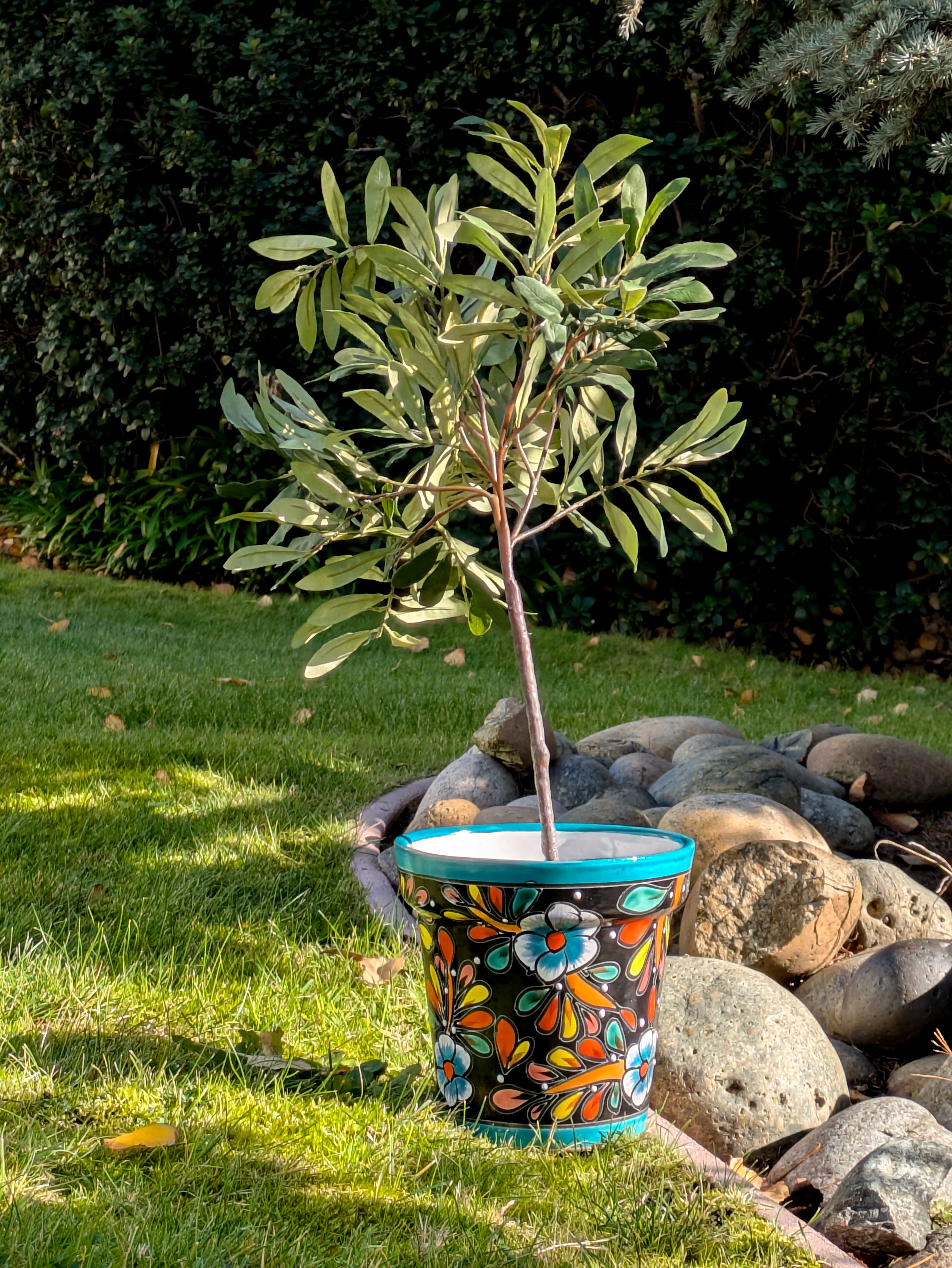 Ceramic planter with colorful floral design