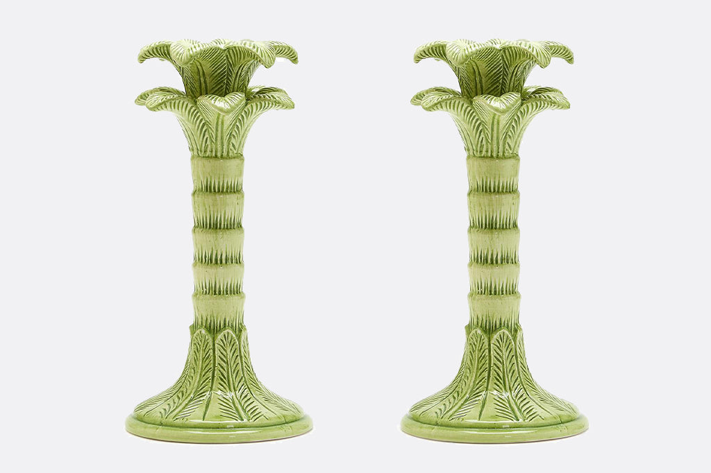 Pair of two light green palm tree taper candle holders 