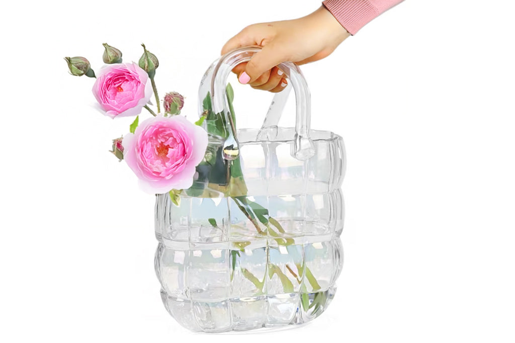 Iridescent glass vase shaped like handbag
#color_iridescent
