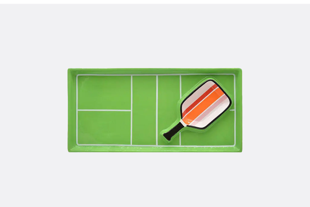 pickleball themed ceramic platter with embedded paddle-shaped dip bowl