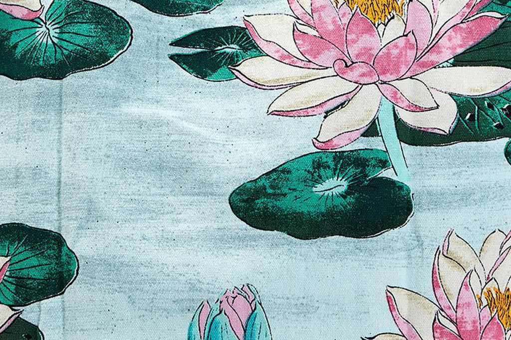 close up view of Water lily print on cotton reusable tote bag