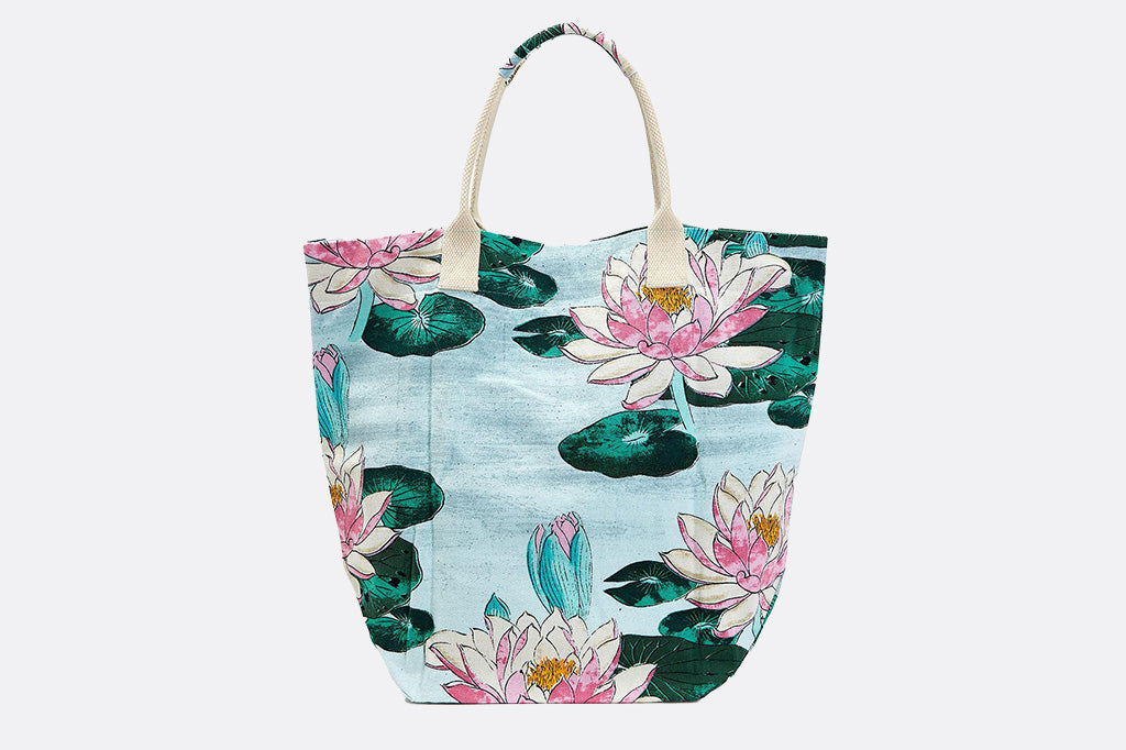 Water lily print on cotton reusable tote bag