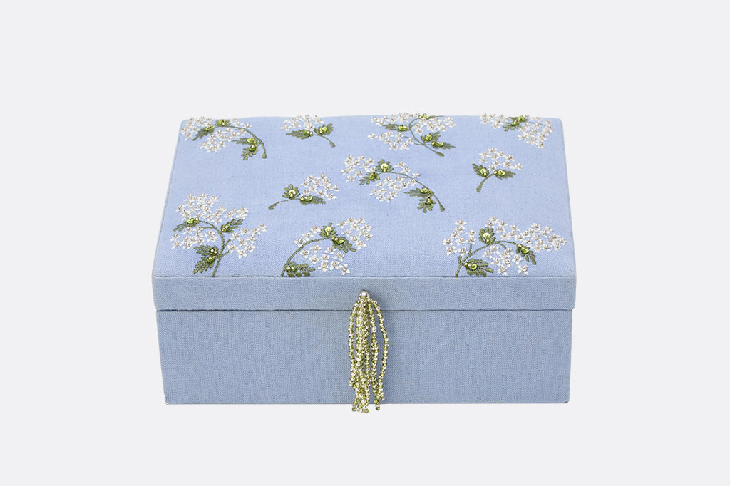 Pale blue embroidered and beaded jewelry box 