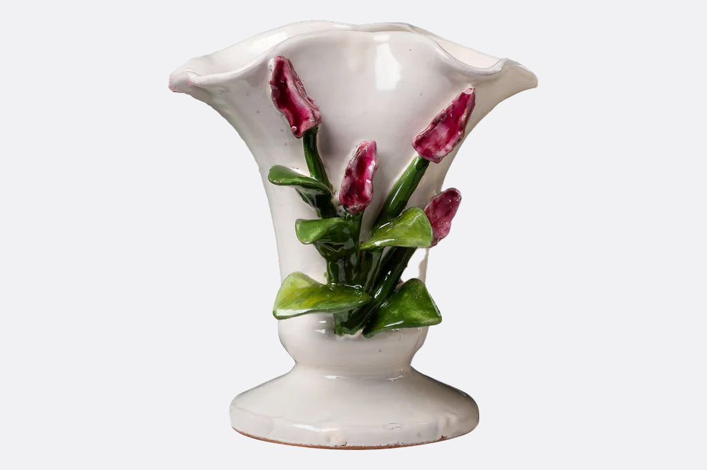 3-d sculpted red/pink tulips on white ceramic vase 