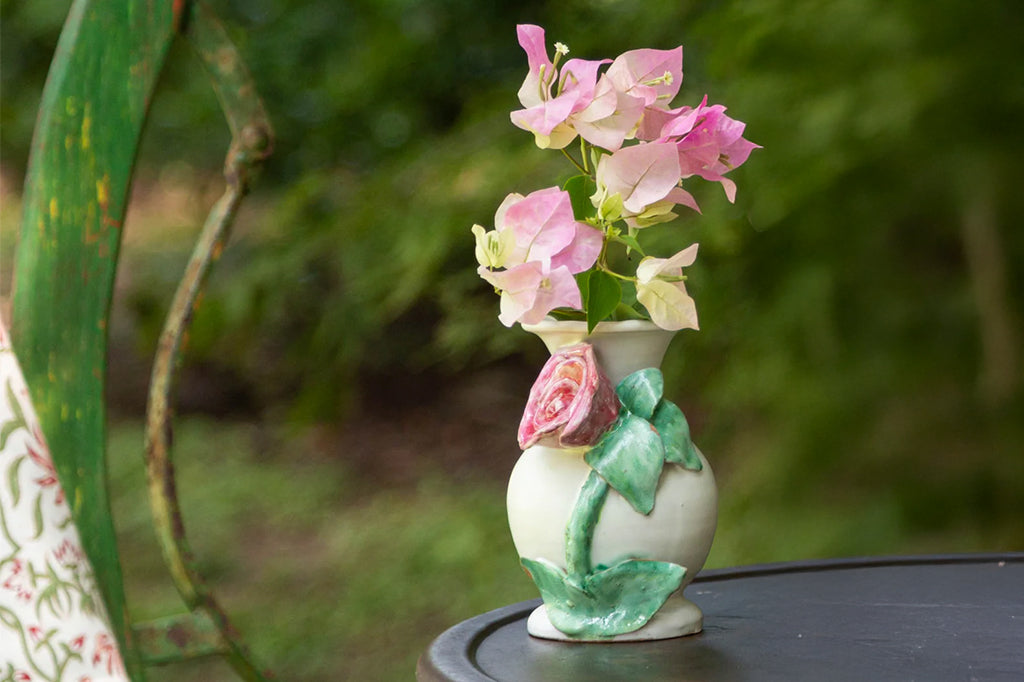 white vase with 3-d pink rose ceramic vase