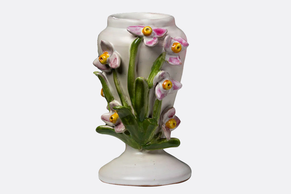 3-d sculptured orchids on cream vase with tapered bottom. handmade ceramic  