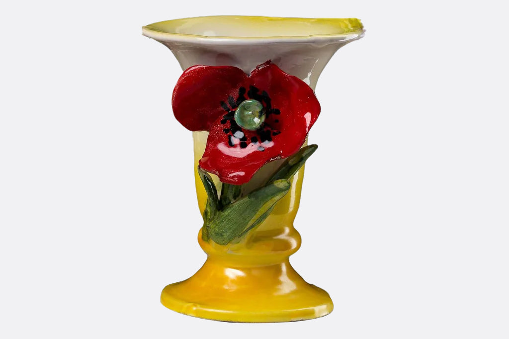 ceramic vase with accent red poppy on front color of vase Ombre yellow to cream 