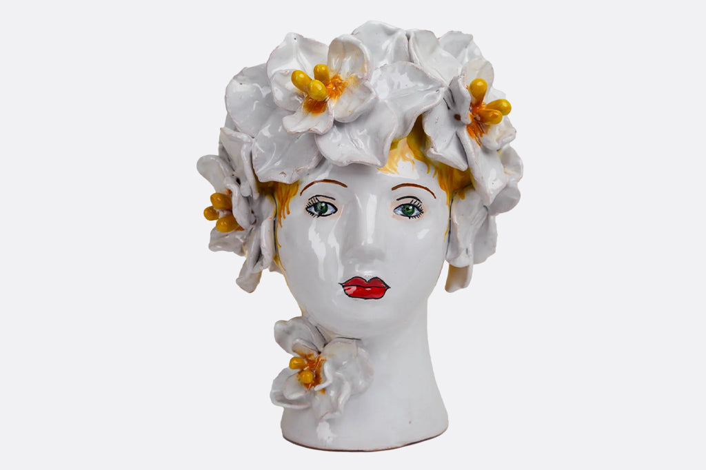 ceramic women's head adorned with big white flowers vase 