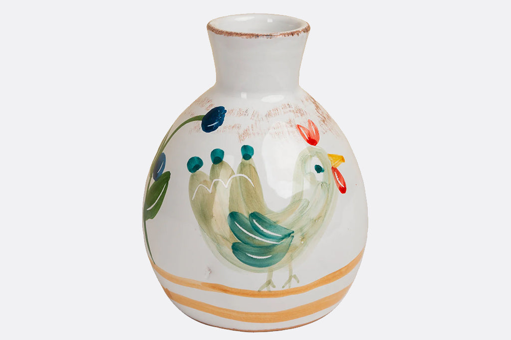 ceramic vase cream in color with imagery of chicken and florals 