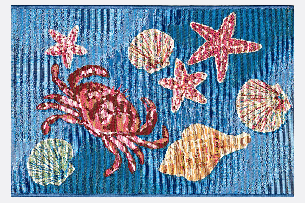 Pink and orange shell and crab doormat on ocean blue background