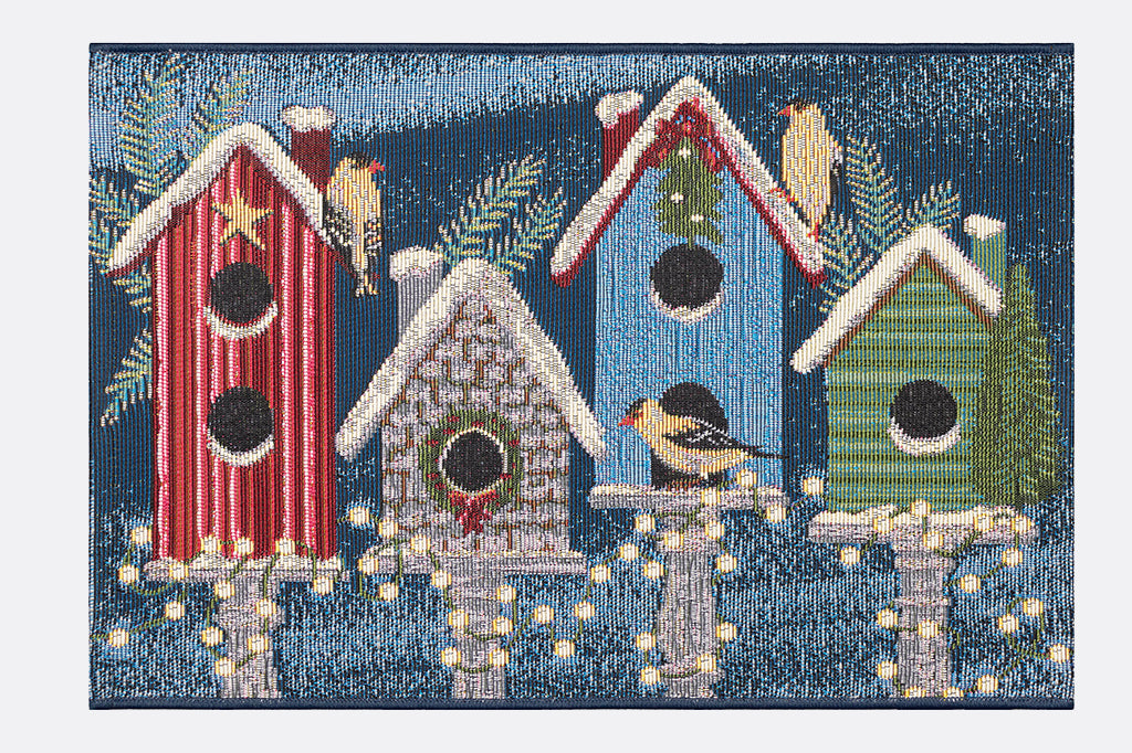 winter holiday birdhouse with birds doormat